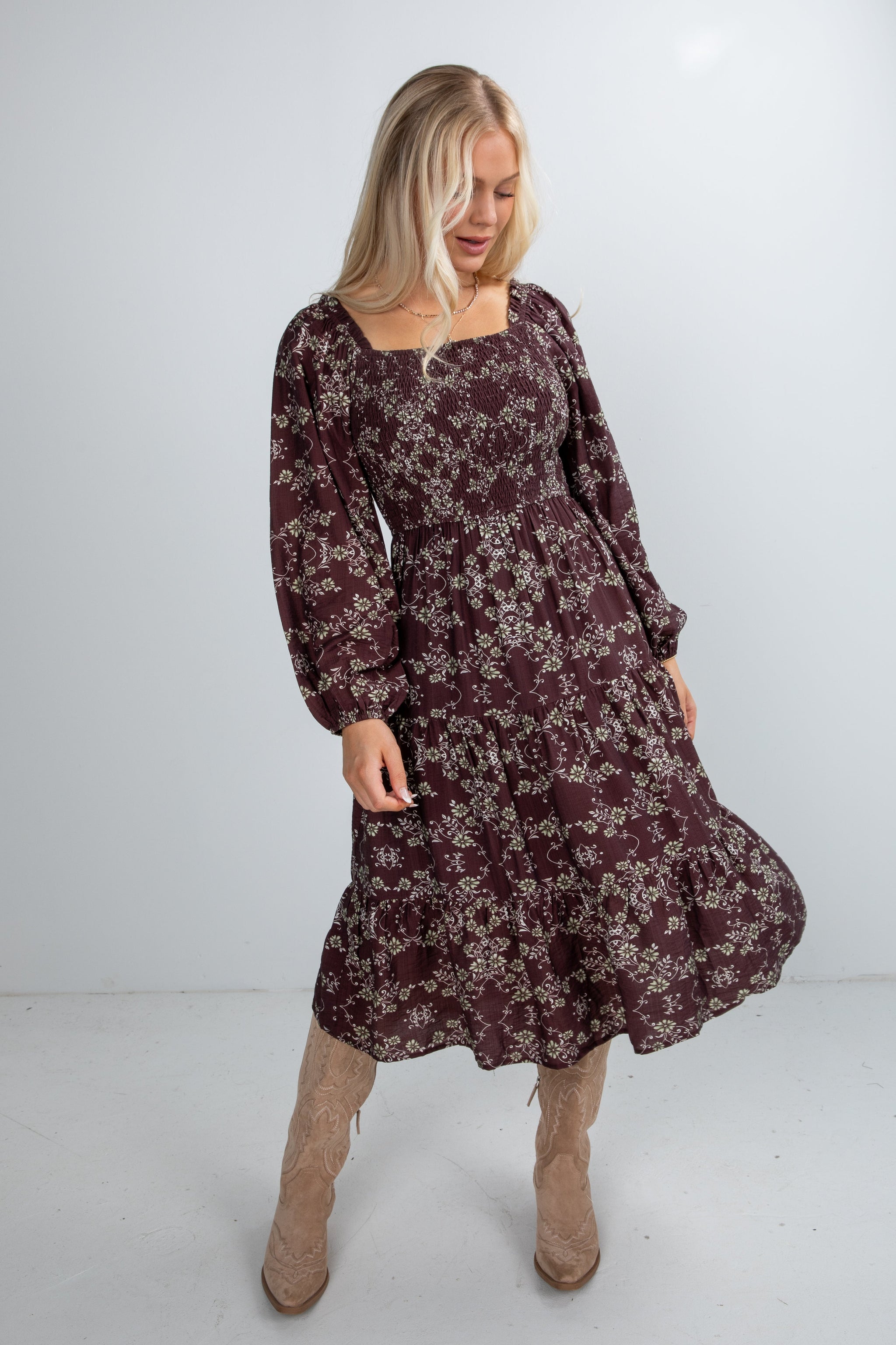 FINAL SALE - Feeling Inspired Brown Floral Smocked Midi Dress
