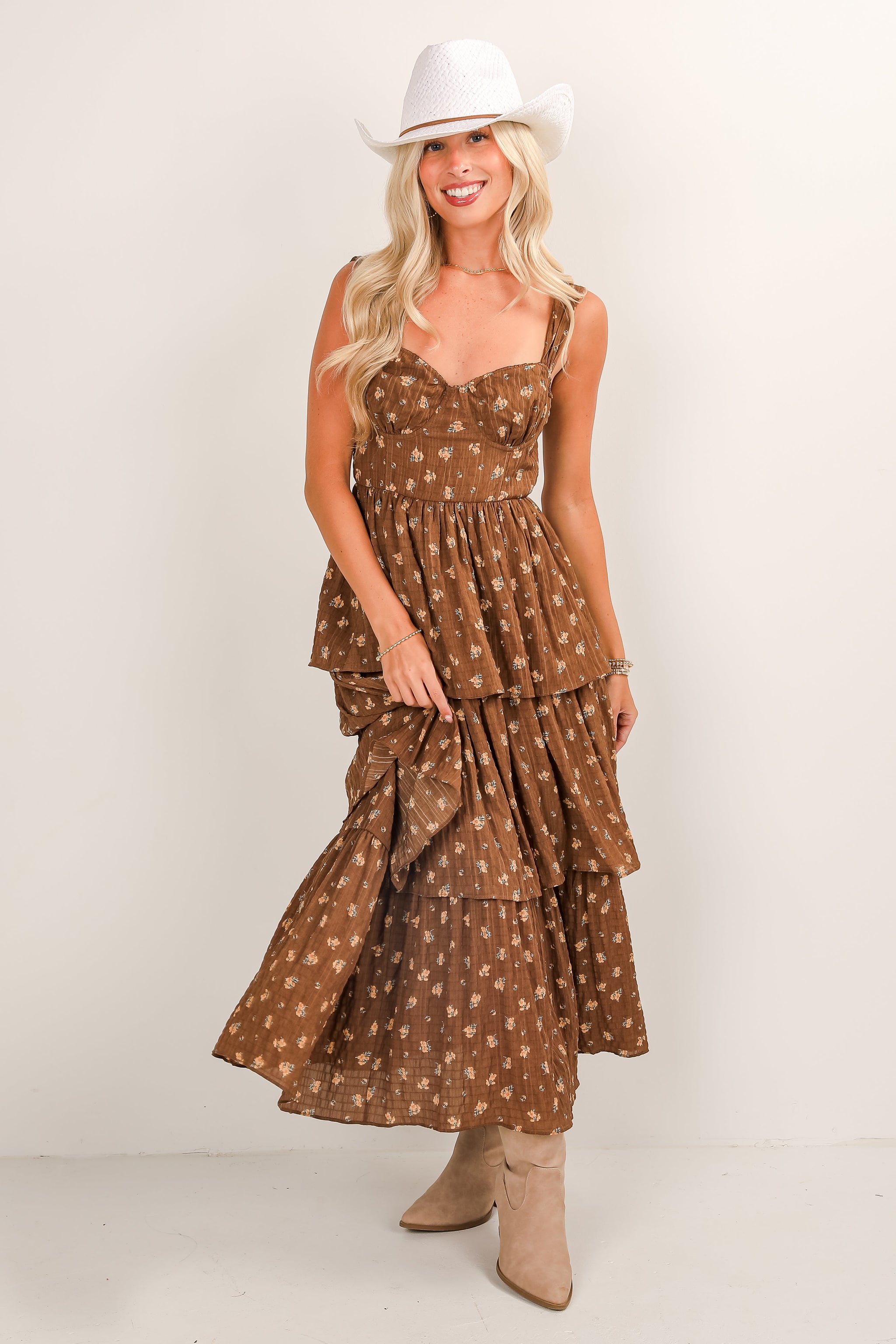 FINAL SALE - Dance The Night Away Brown Floral Tiered Midi Dress