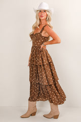 FINAL SALE - Dance The Night Away Brown Floral Tiered Midi Dress