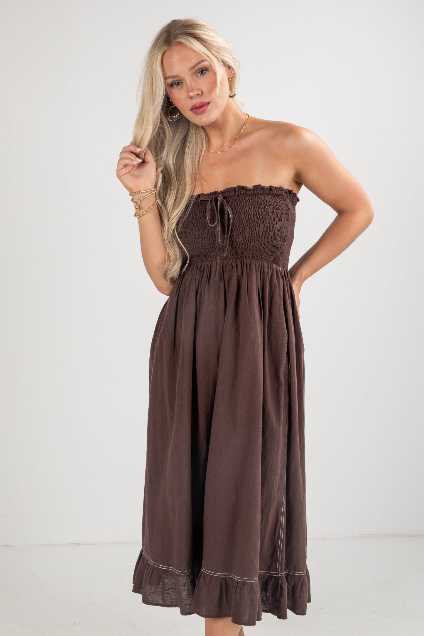 FINAL SALE - This Is It Brown Smocked Strapless Midi Dress