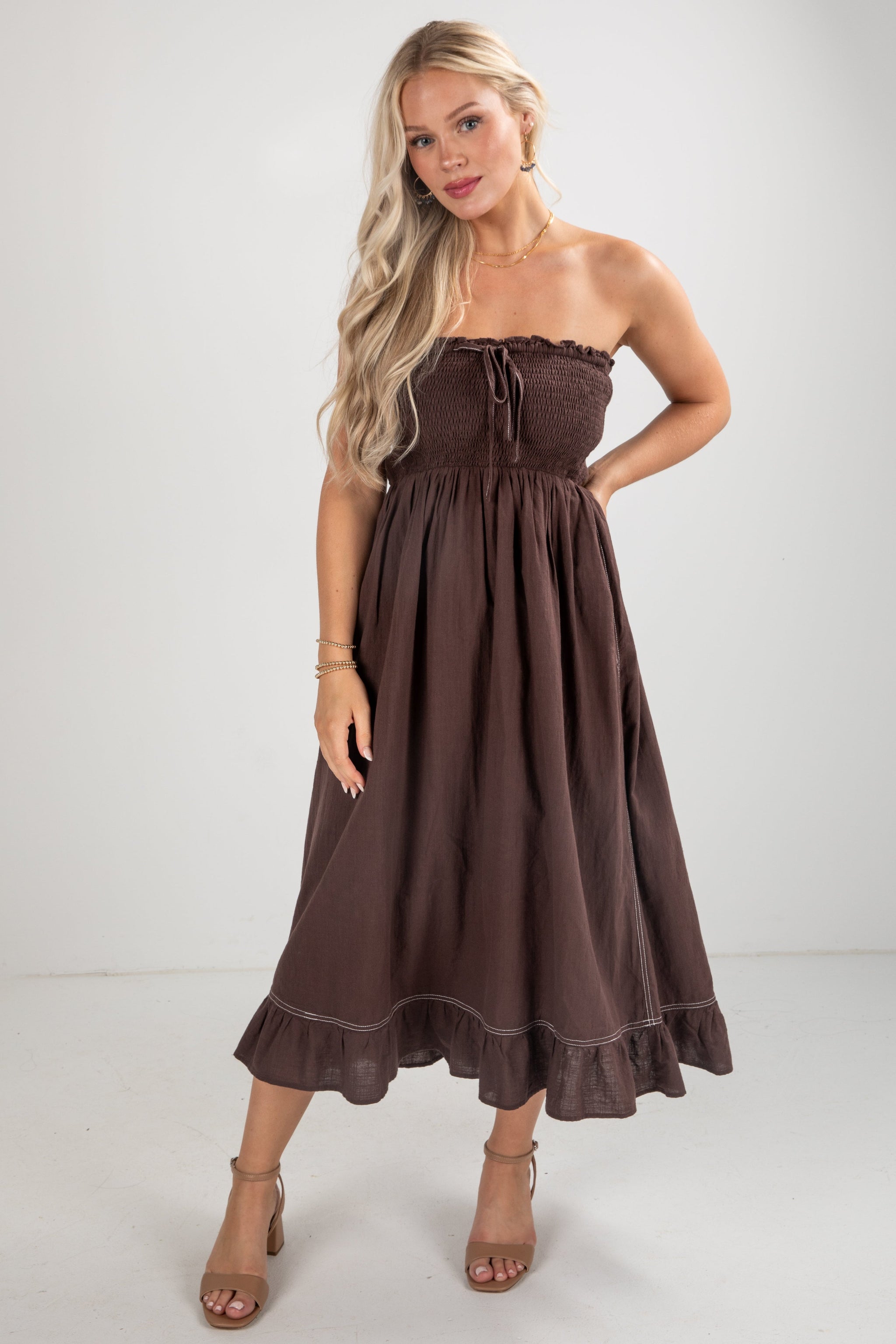 FINAL SALE - This Is It Brown Smocked Strapless Midi Dress