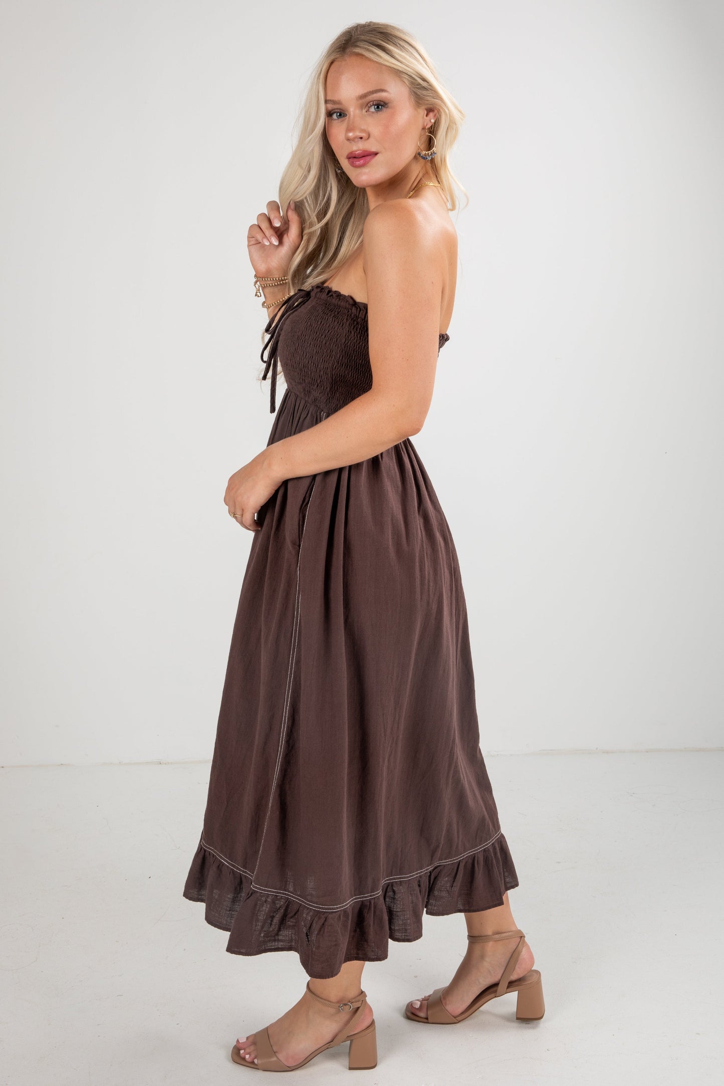 FINAL SALE - This Is It Brown Smocked Strapless Midi Dress