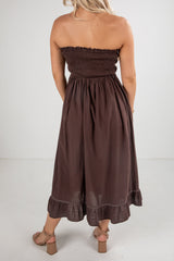 FINAL SALE - This Is It Brown Smocked Strapless Midi Dress