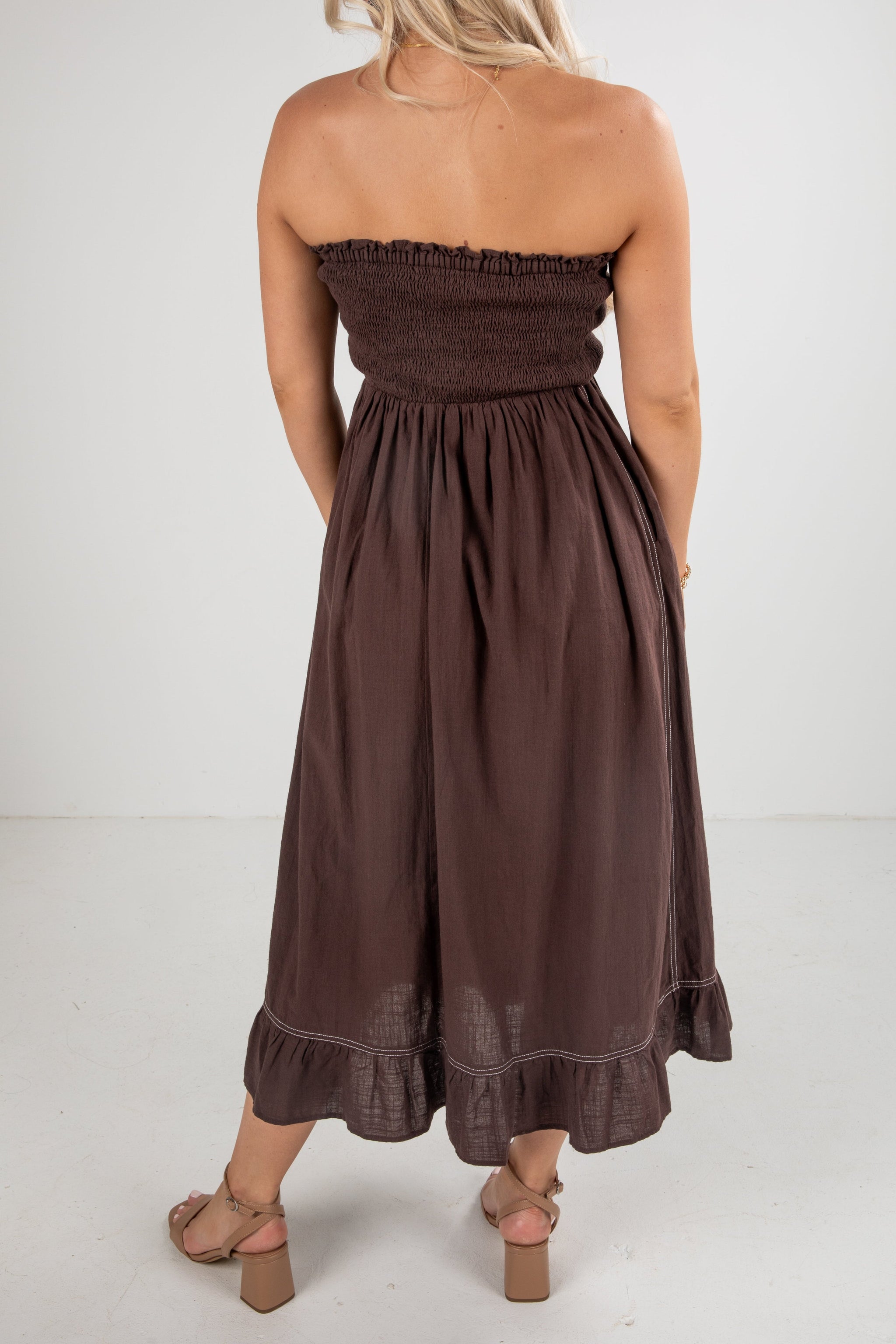 FINAL SALE - This Is It Brown Smocked Strapless Midi Dress