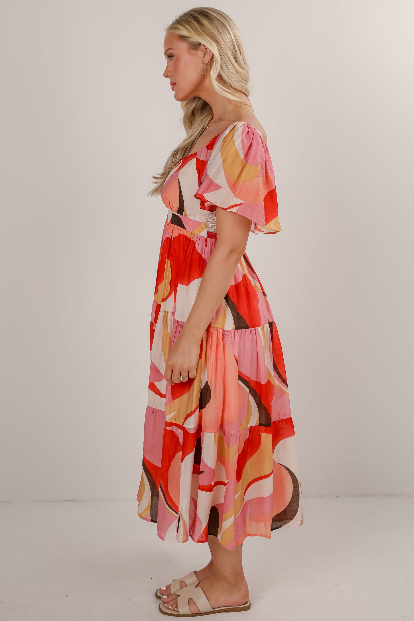 FINAL SALE - All Coming Together Coral Tiered Midi Dress