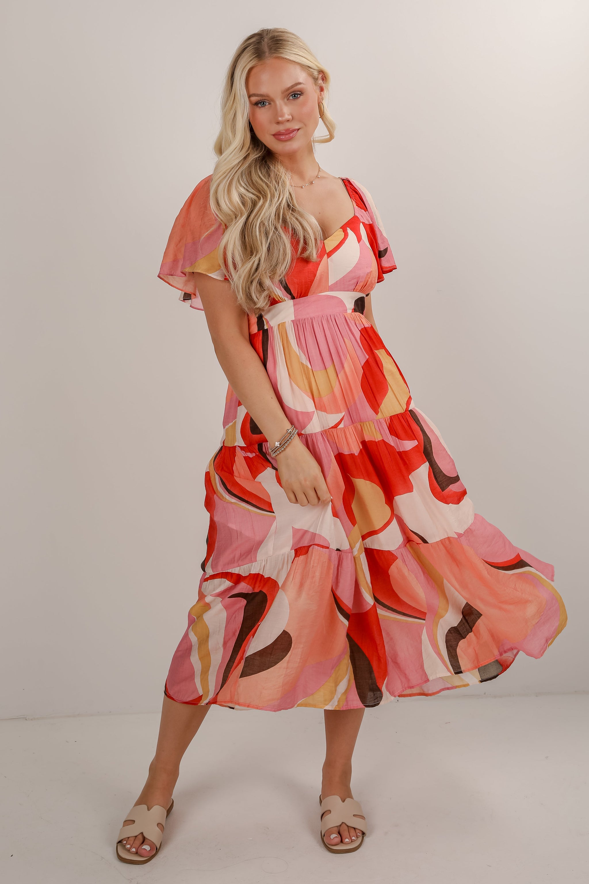FINAL SALE - All Coming Together Coral Tiered Midi Dress