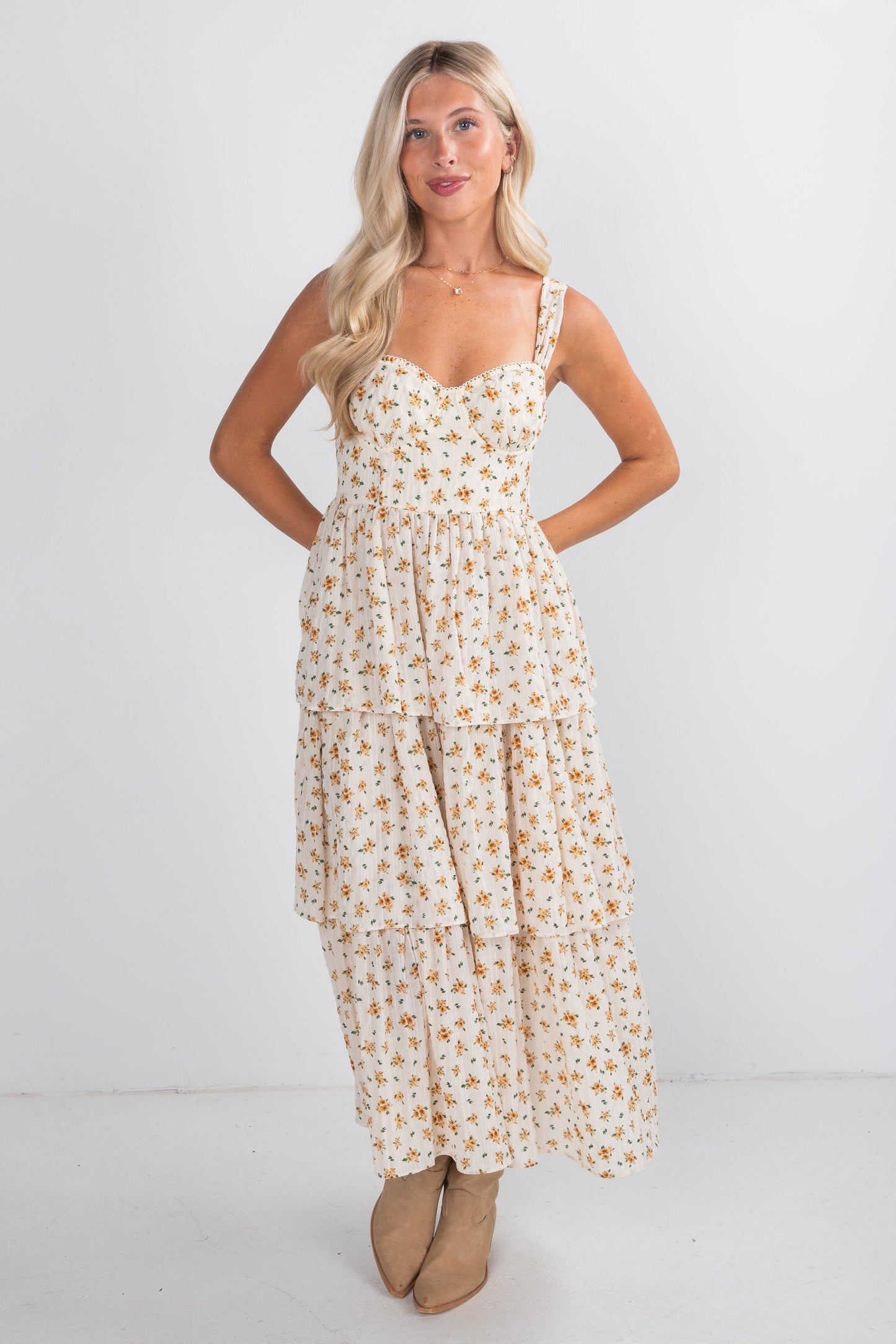 FINAL SALE - Precious Moments Cream Floral Tiered Midi Dress
