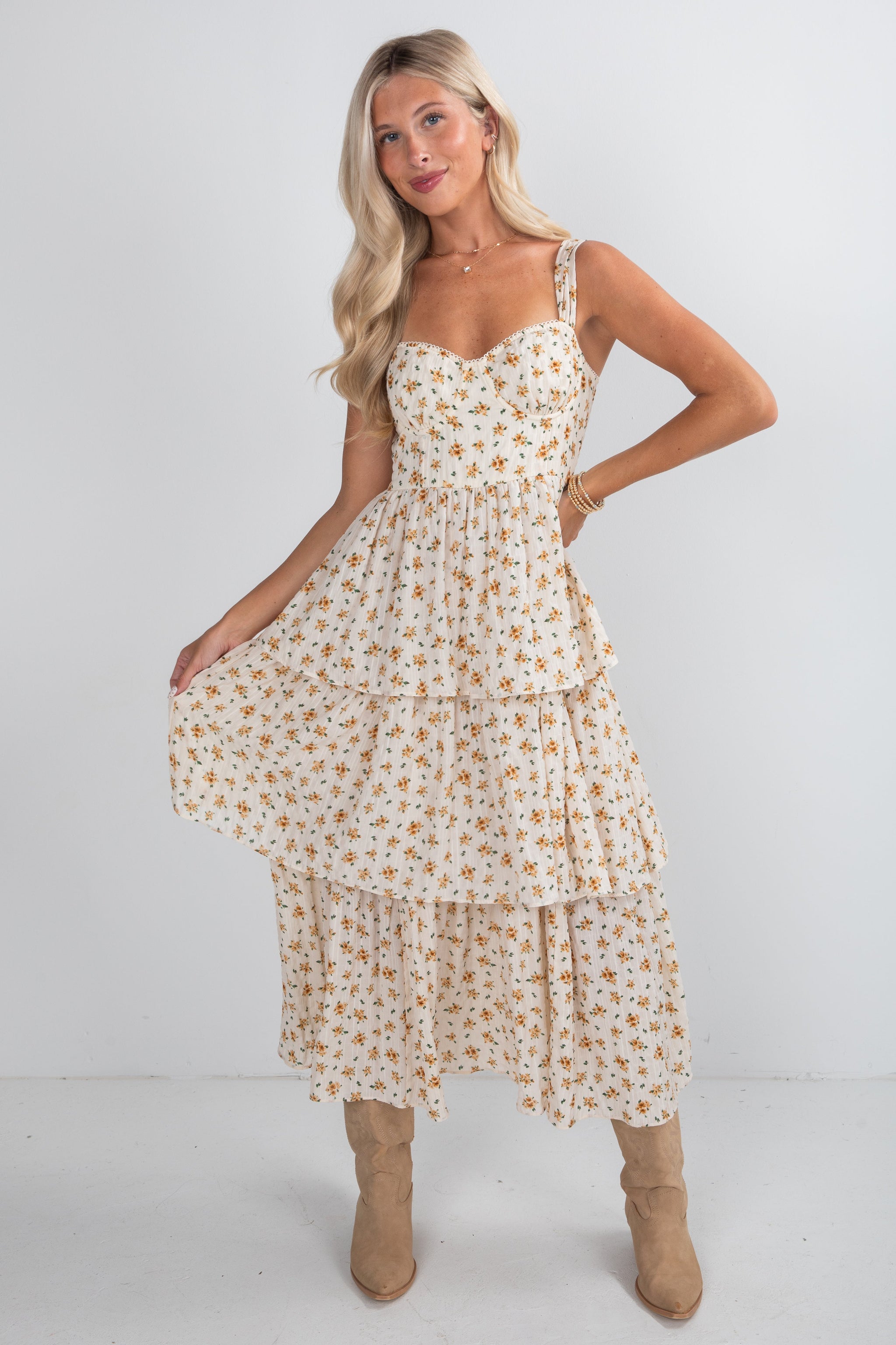 FINAL SALE - Precious Moments Cream Floral Tiered Midi Dress