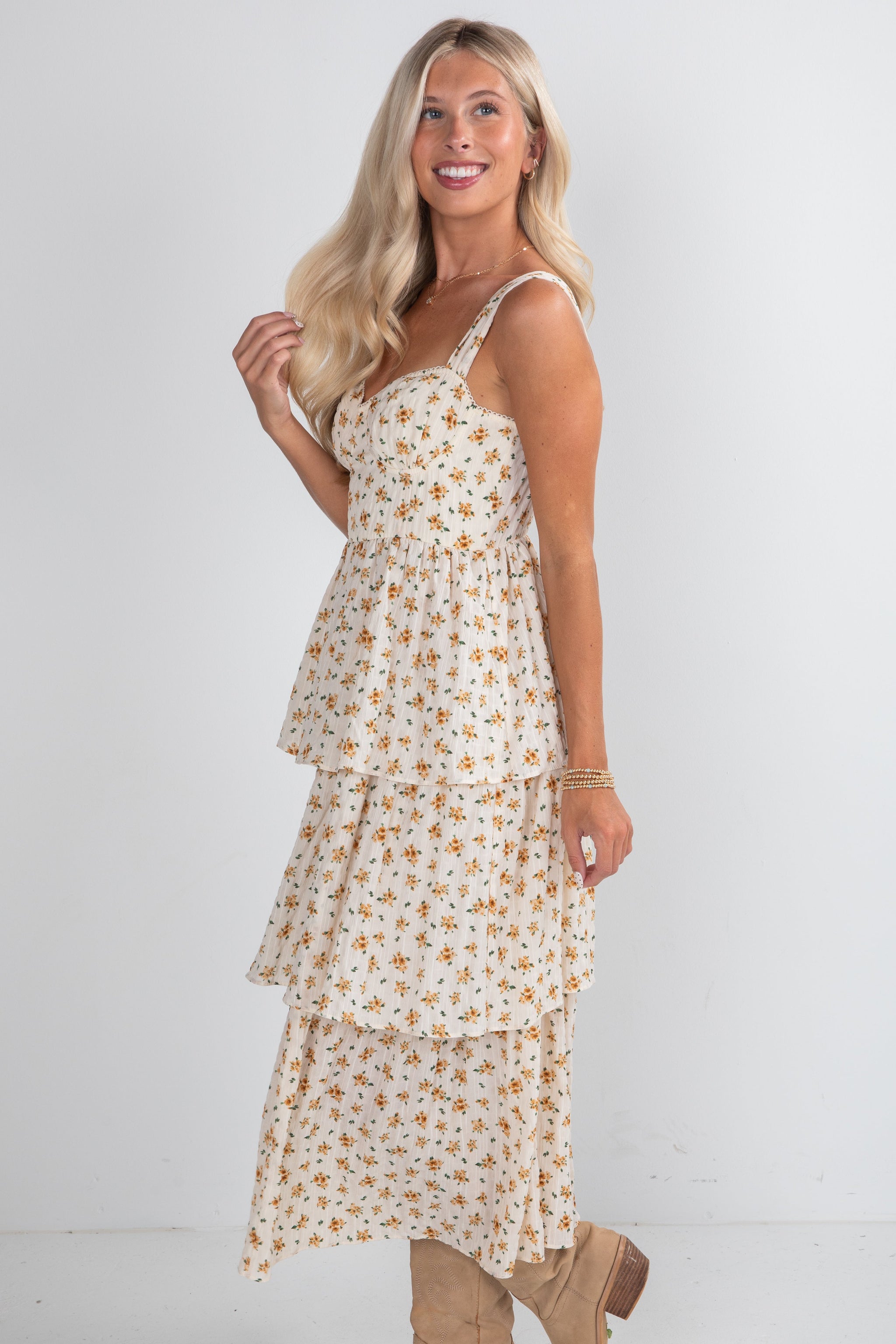 FINAL SALE - Precious Moments Cream Floral Tiered Midi Dress