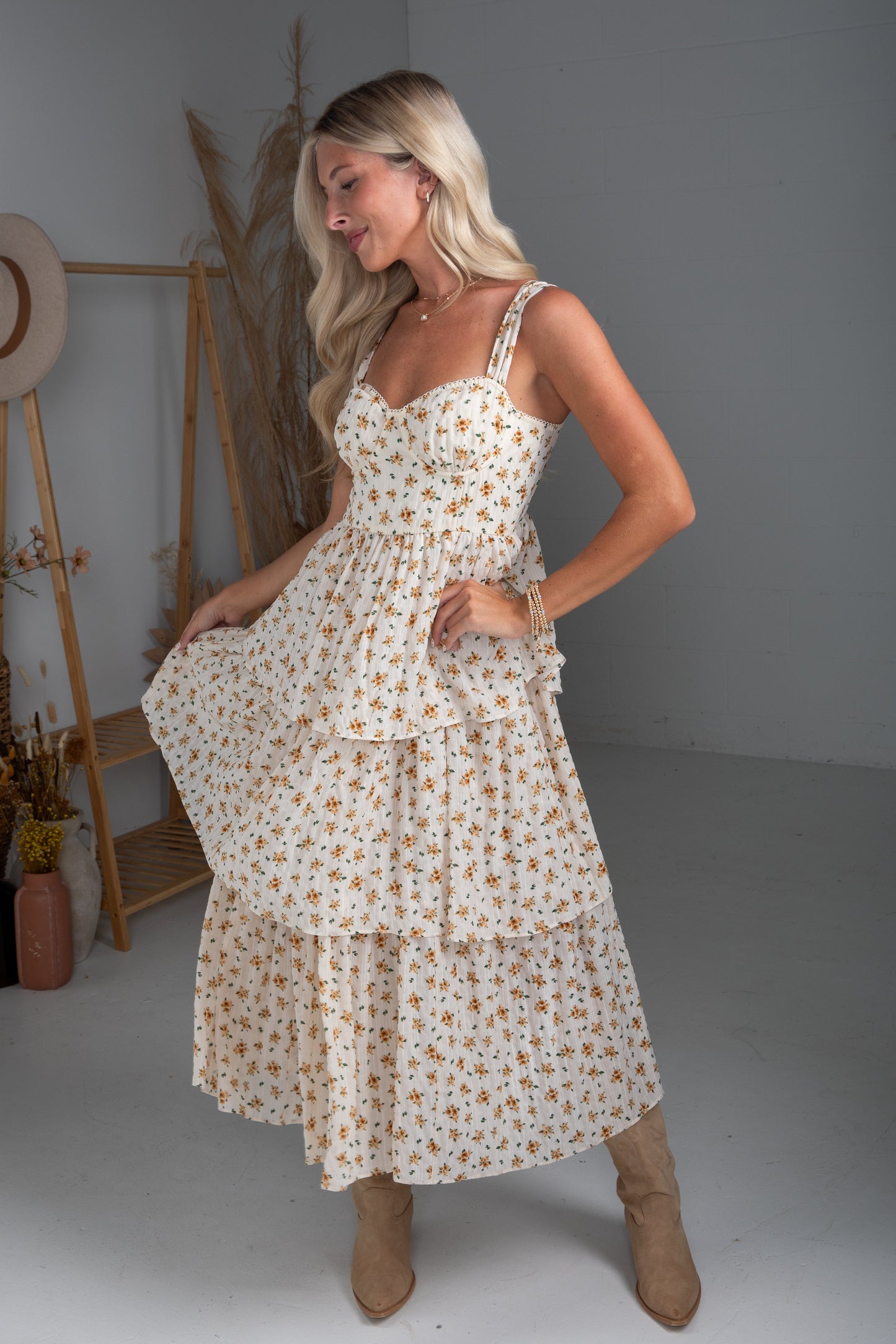 FINAL SALE - Precious Moments Cream Floral Tiered Midi Dress