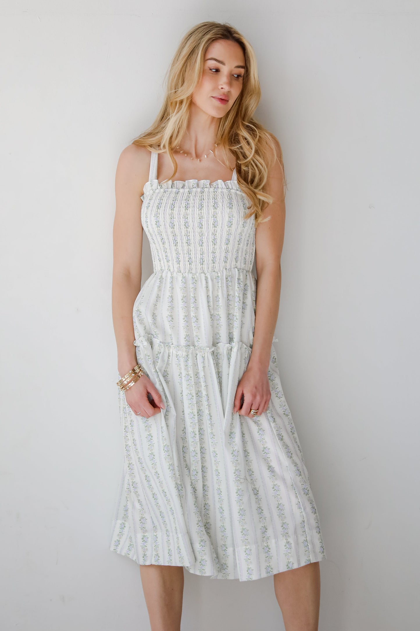 FINAL SALE - Precious Allure Ivory Smocked Floral Midi Dress