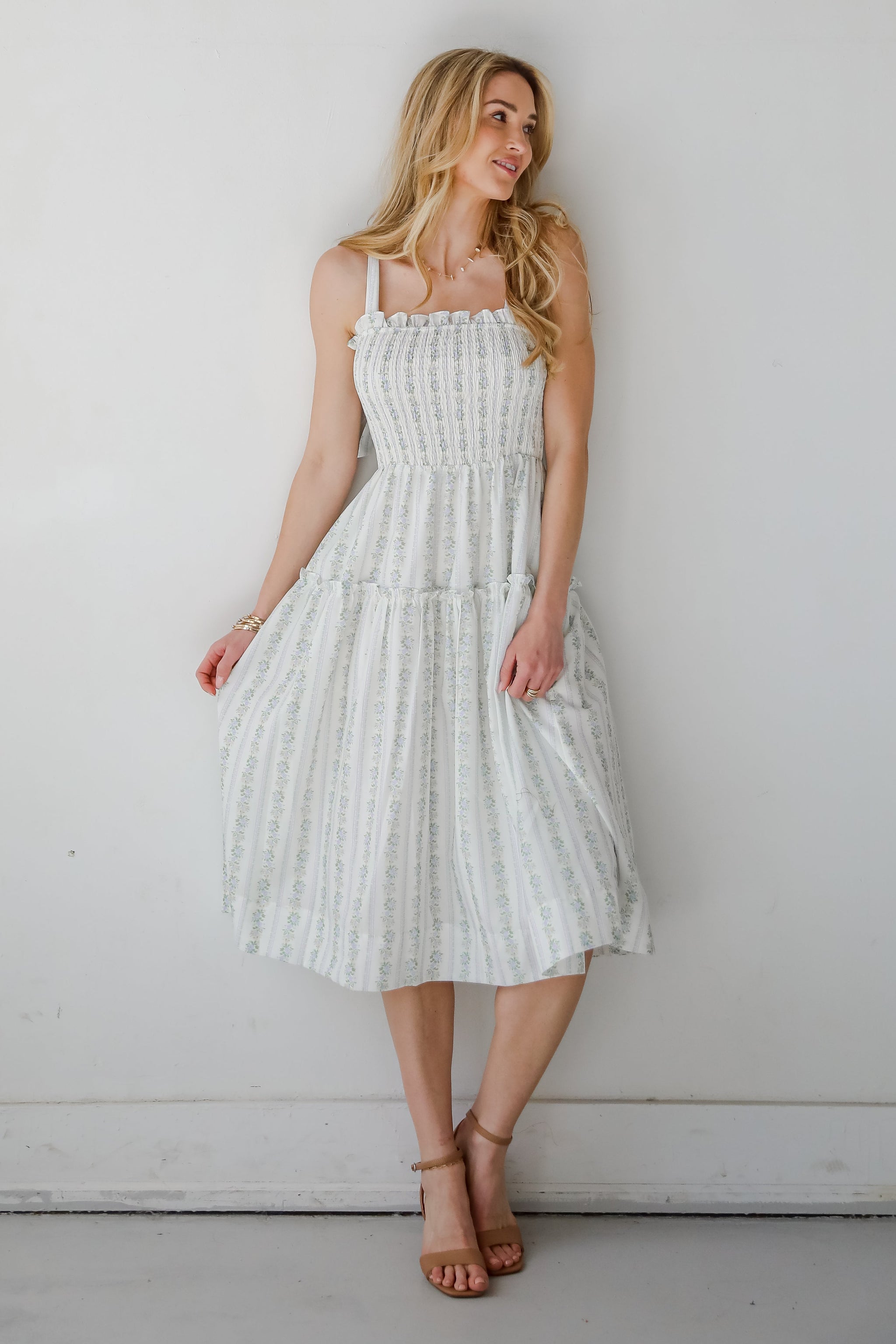 FINAL SALE - Precious Allure Ivory Smocked Floral Midi Dress