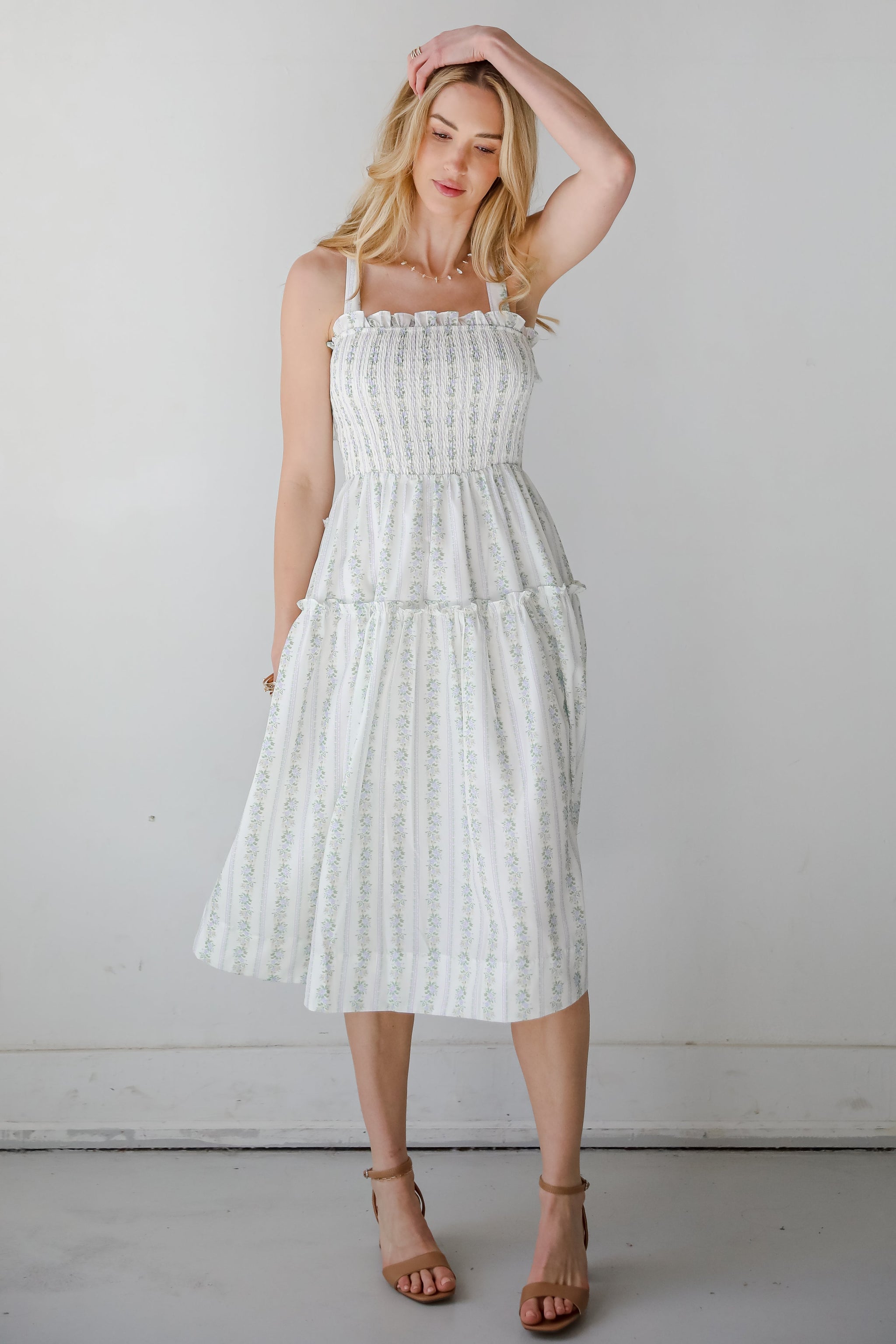 FINAL SALE - Precious Allure Ivory Smocked Floral Midi Dress