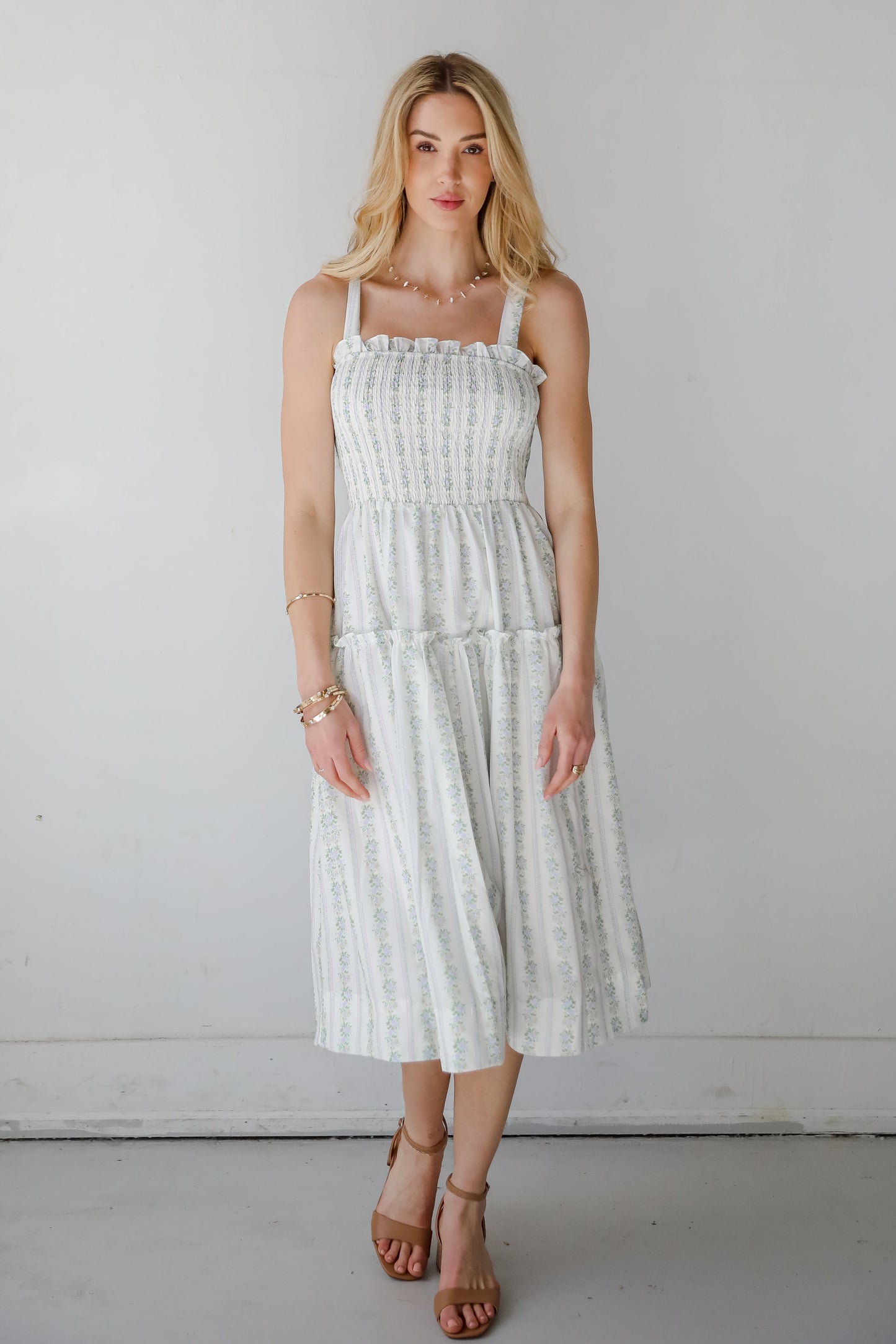 FINAL SALE - Precious Allure Ivory Smocked Floral Midi Dress