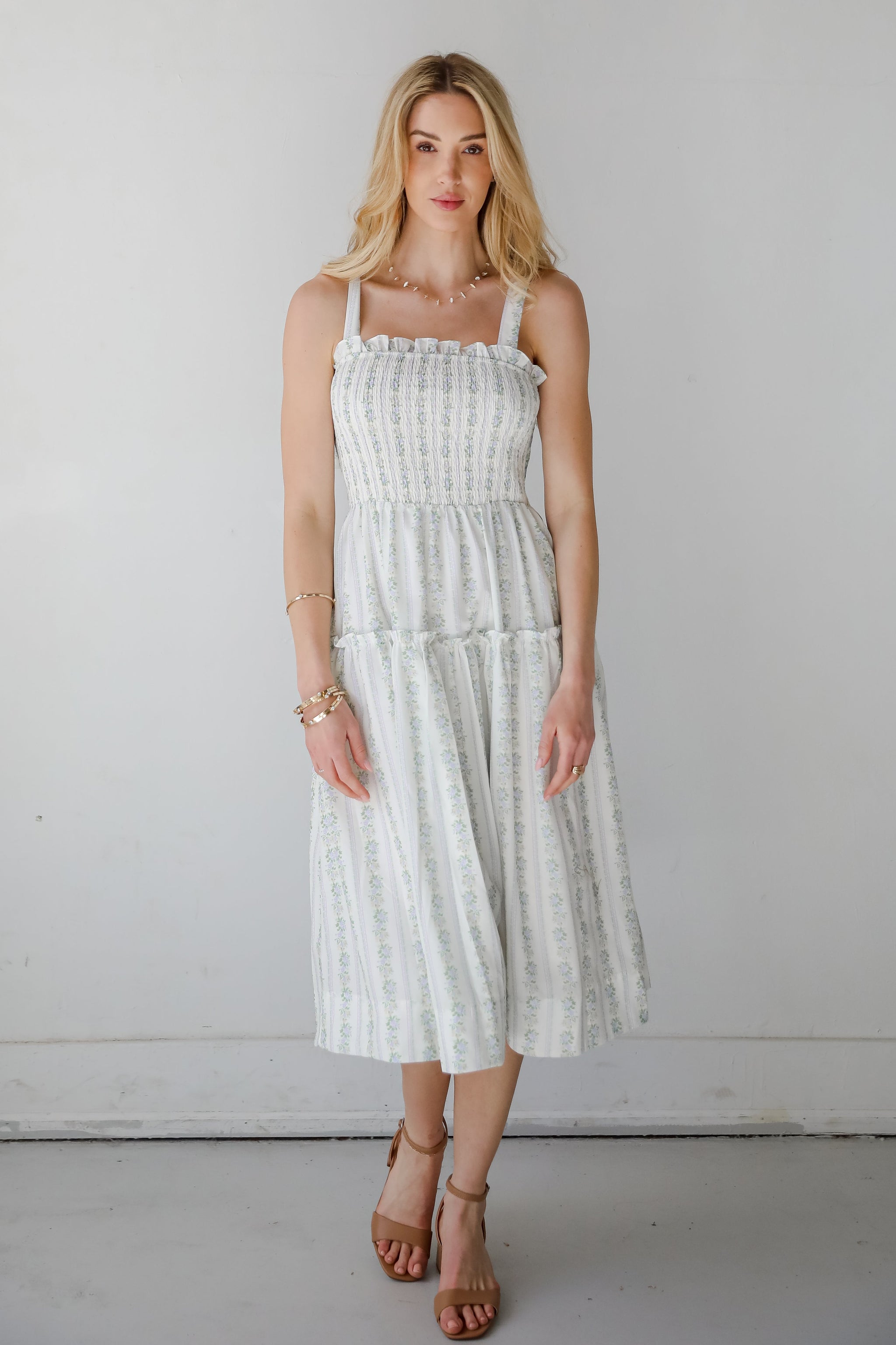 FINAL SALE - Precious Allure Ivory Smocked Floral Midi Dress