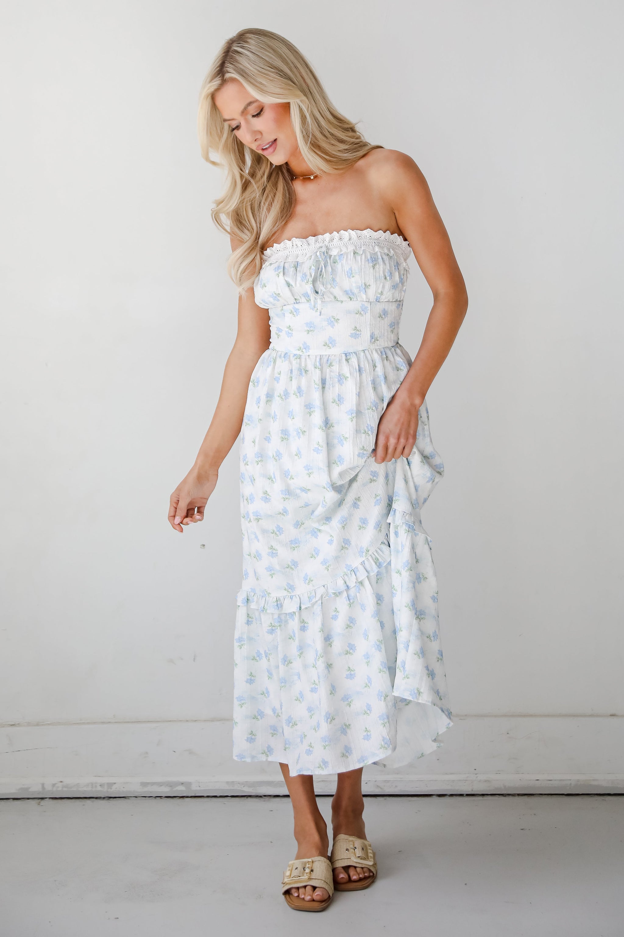 FINAL SALE - Vibrant Flirt Ivory Floral Strapless Midi Dress