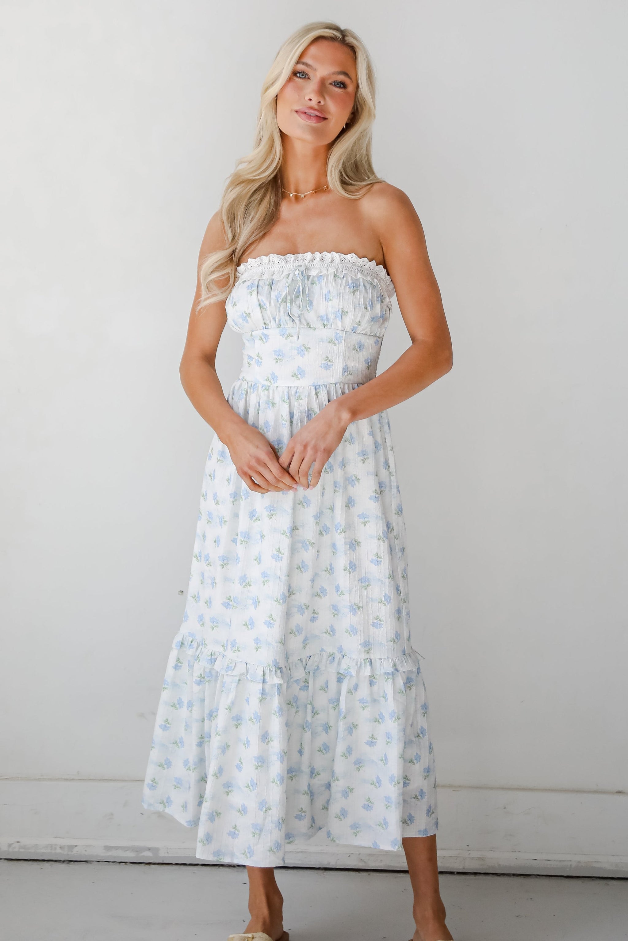 FINAL SALE - Vibrant Flirt Ivory Floral Strapless Midi Dress