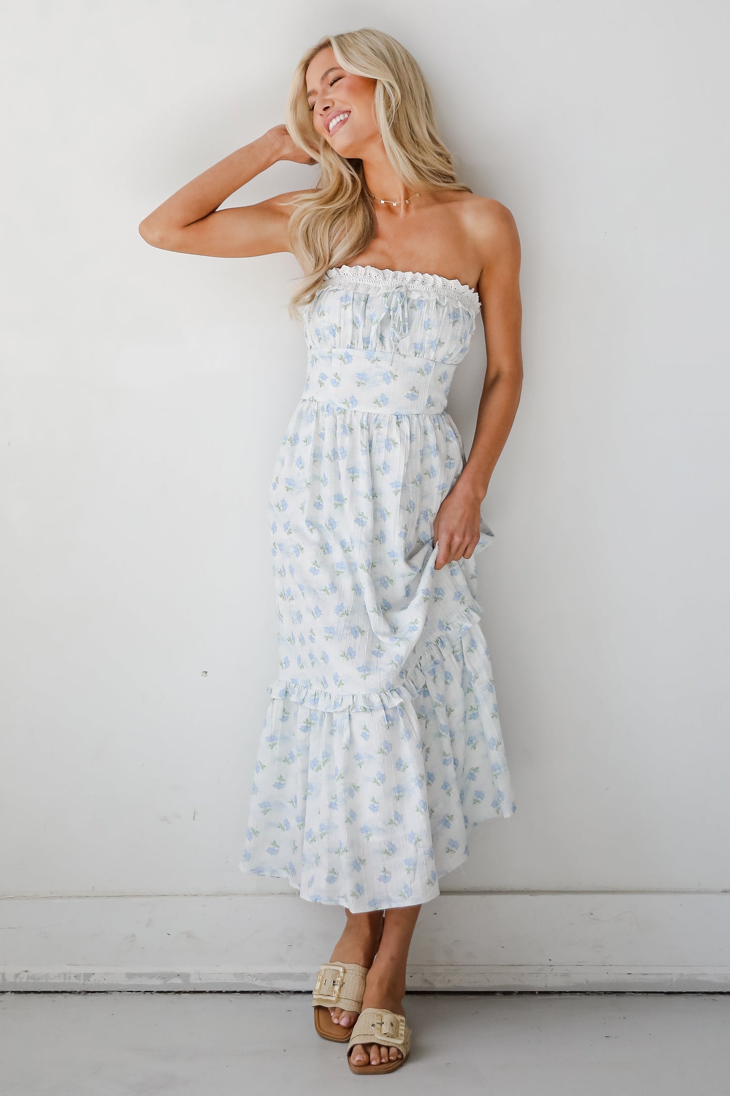 FINAL SALE - Vibrant Flirt Ivory Floral Strapless Midi Dress