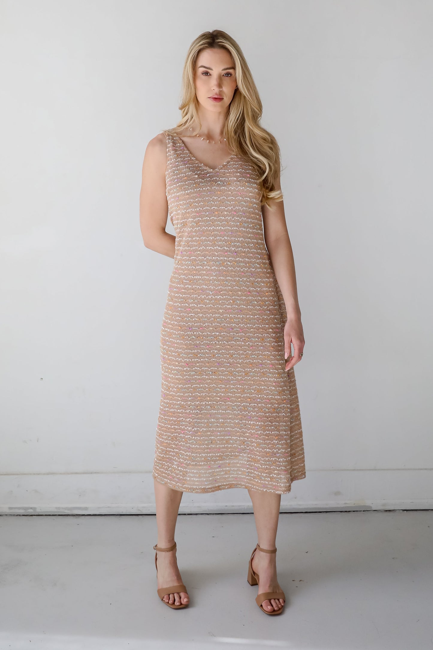 FINAL SALE - Sunset Vibes Mocha Crochet Knit Midi Dress