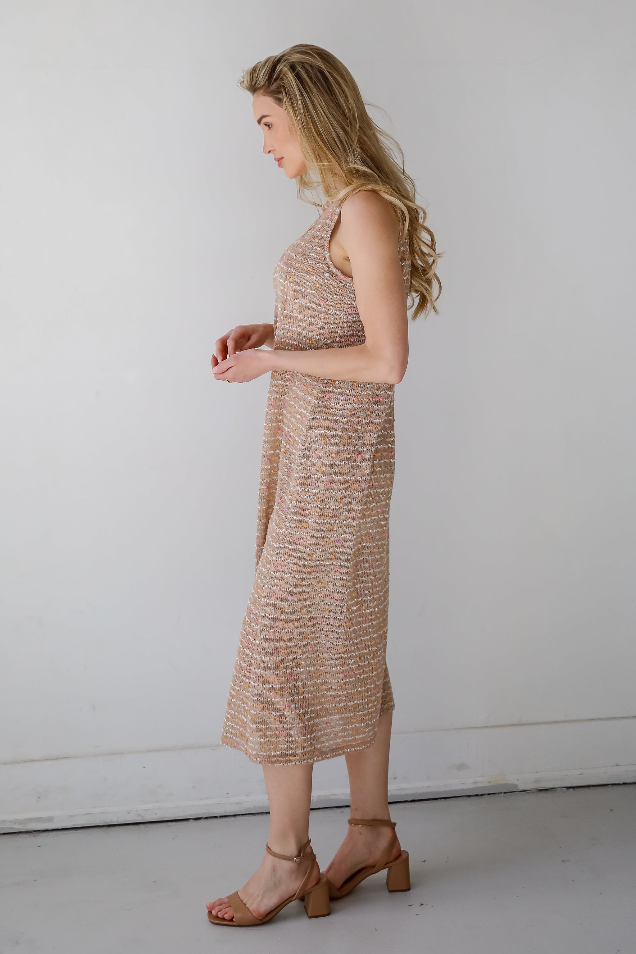 FINAL SALE - Sunset Vibes Mocha Crochet Knit Midi Dress