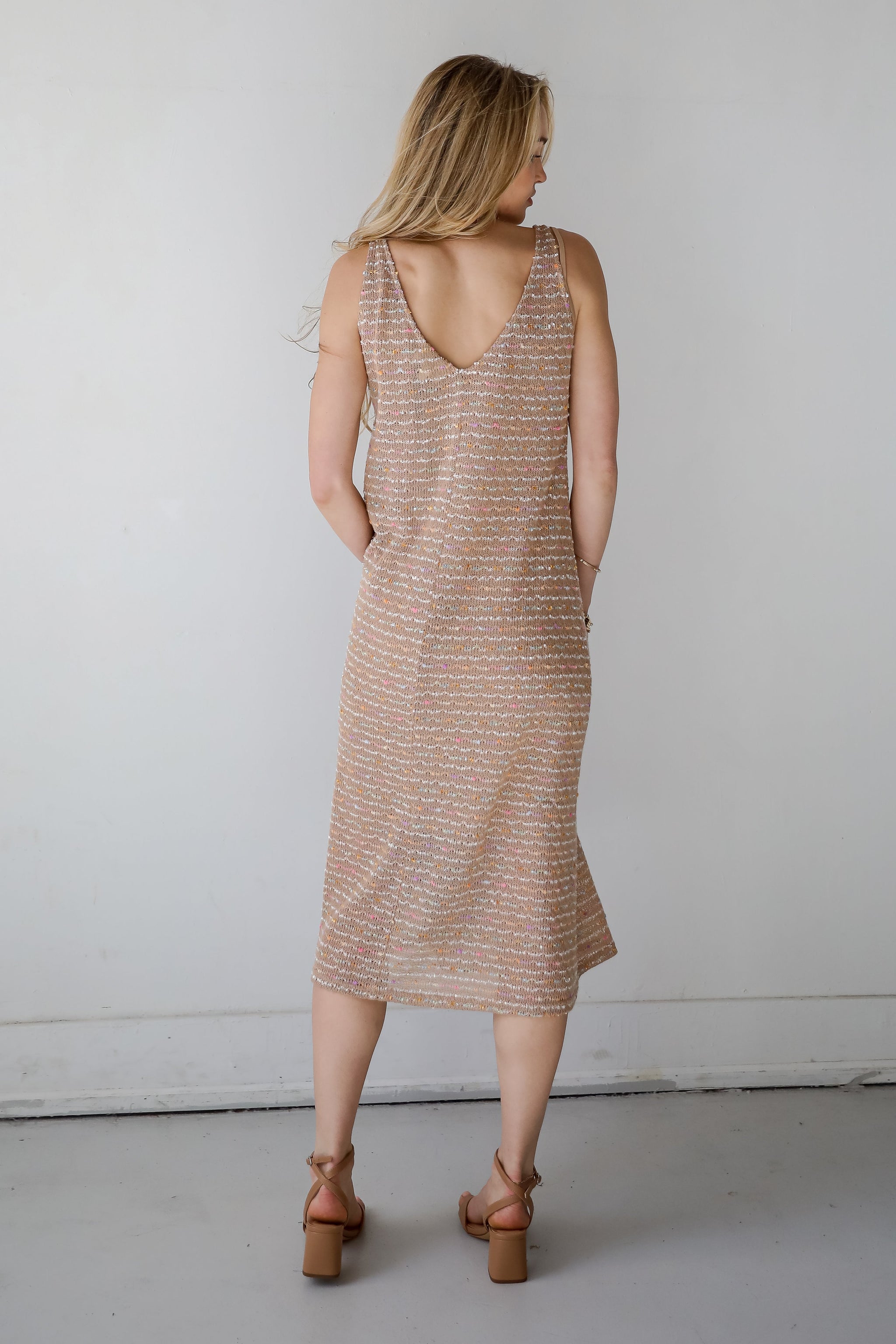 FINAL SALE - Sunset Vibes Mocha Crochet Knit Midi Dress
