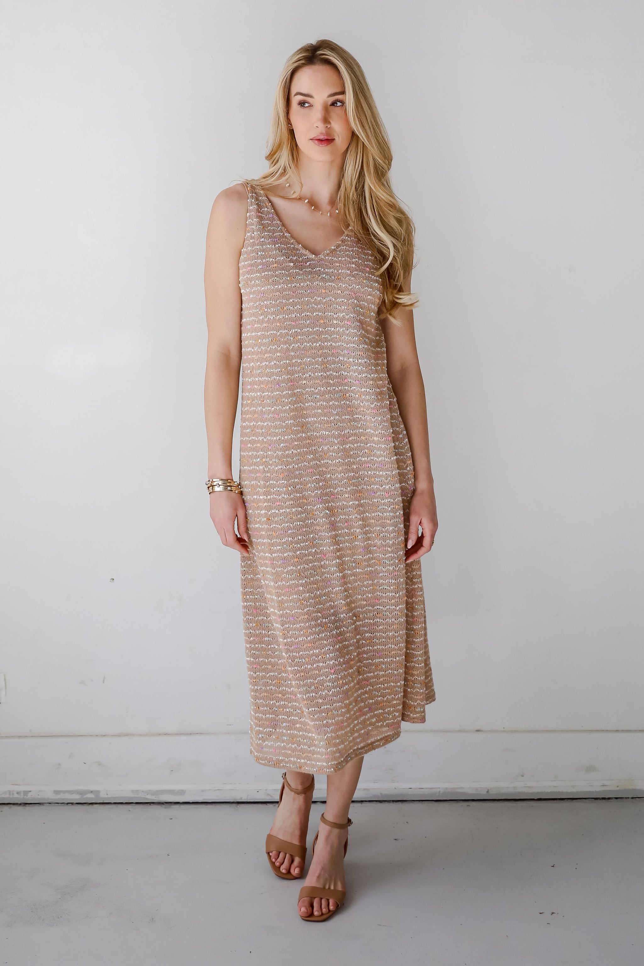 FINAL SALE - Sunset Vibes Mocha Crochet Knit Midi Dress