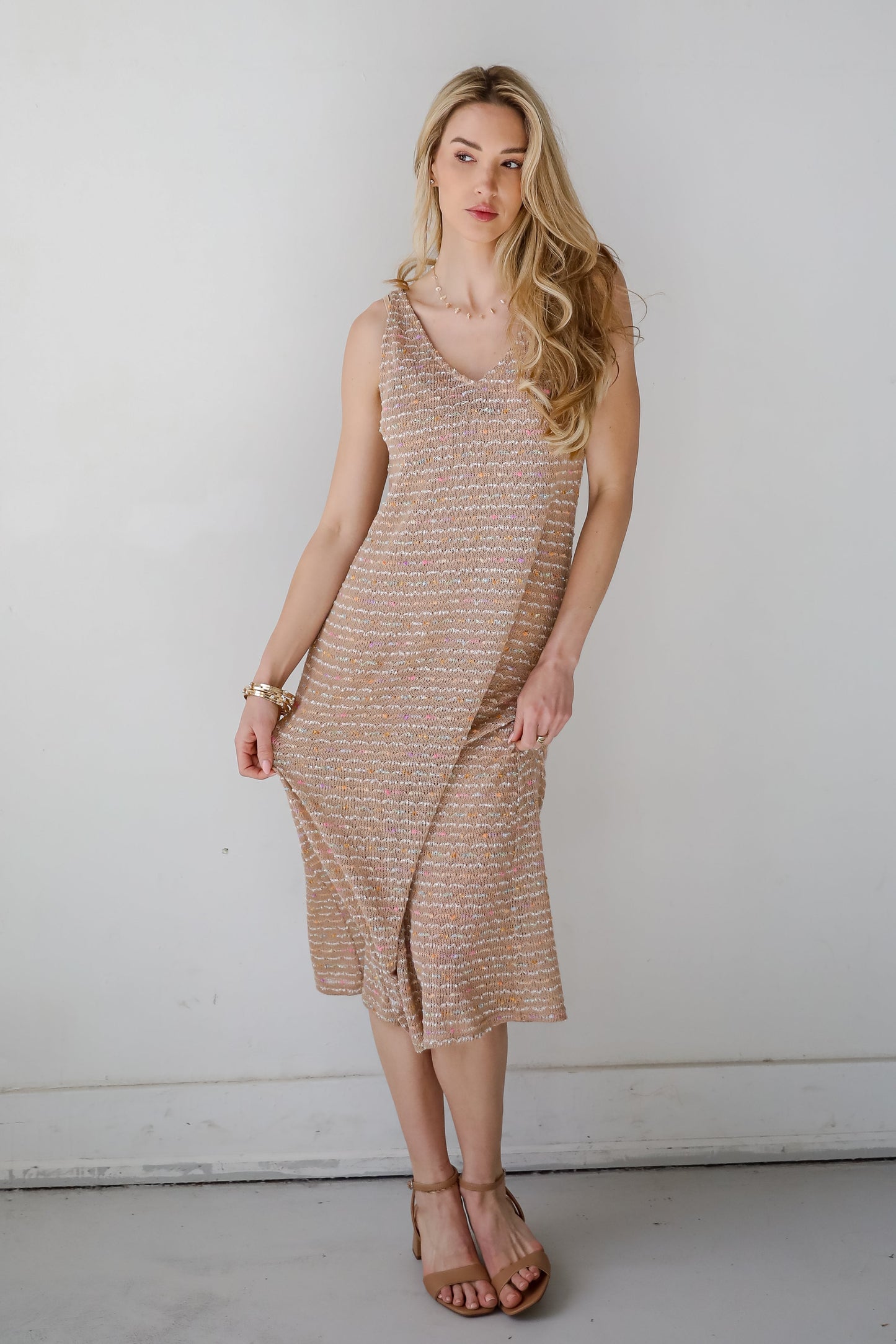 FINAL SALE - Sunset Vibes Mocha Crochet Knit Midi Dress