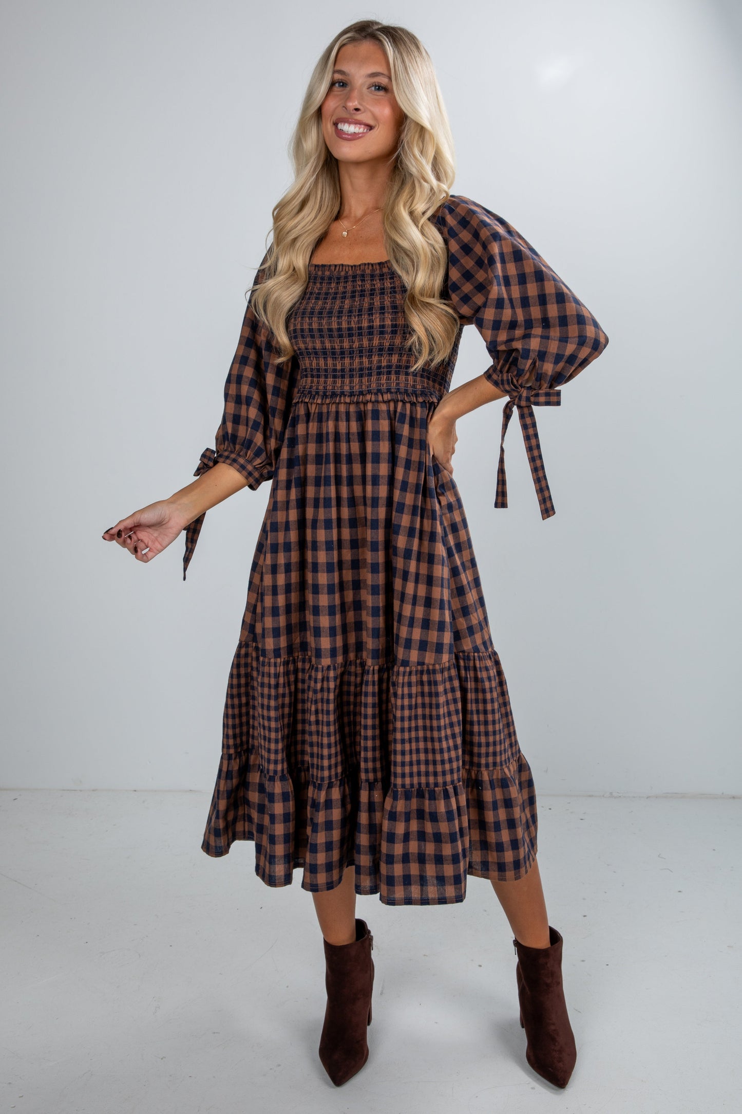 Show Me The Way Navy Gingham Smocked Midi Dress