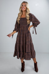 Show Me The Way Navy Gingham Smocked Midi Dress