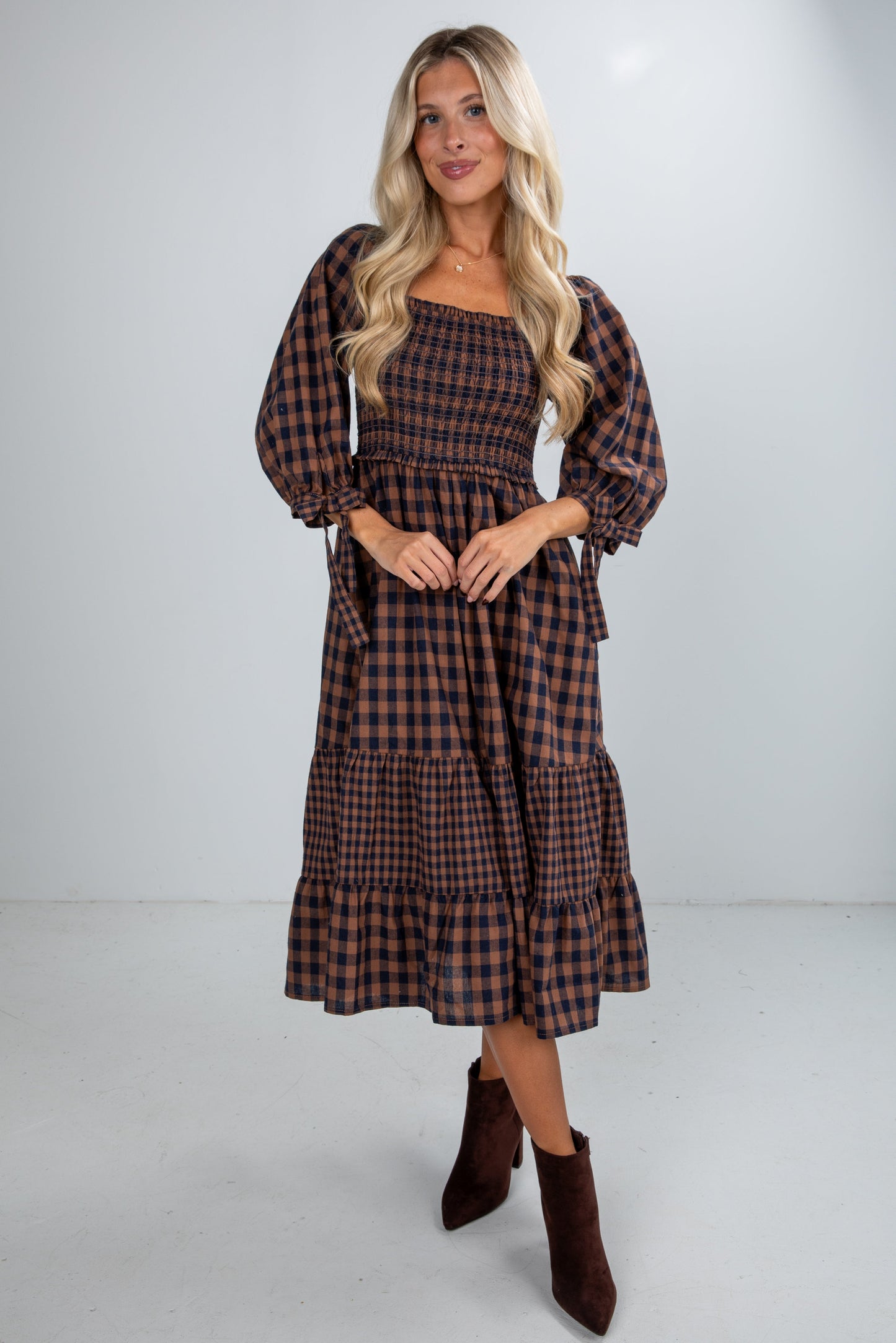 Show Me The Way Navy Gingham Smocked Midi Dress