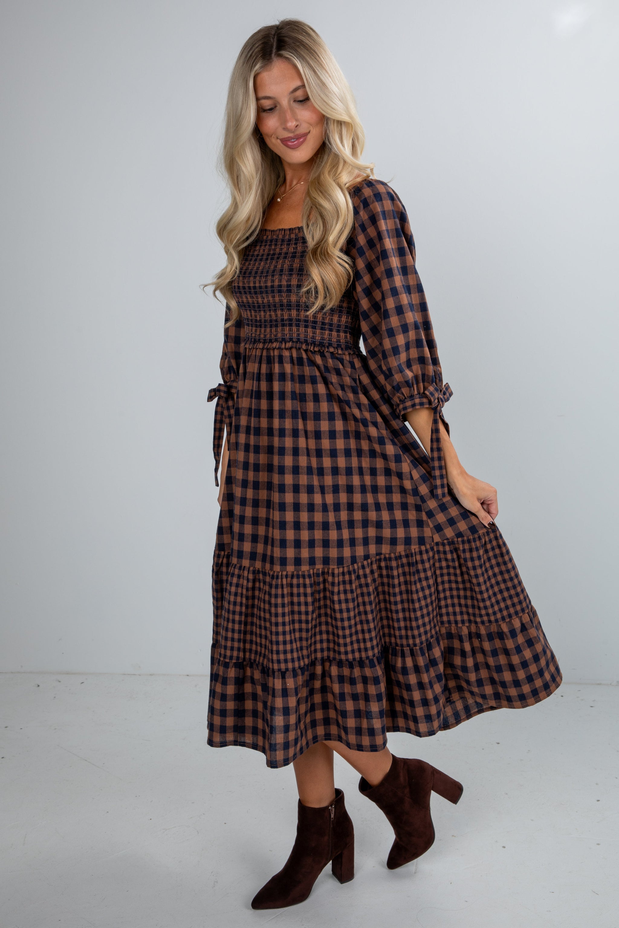 Show Me The Way Navy Gingham Smocked Midi Dress