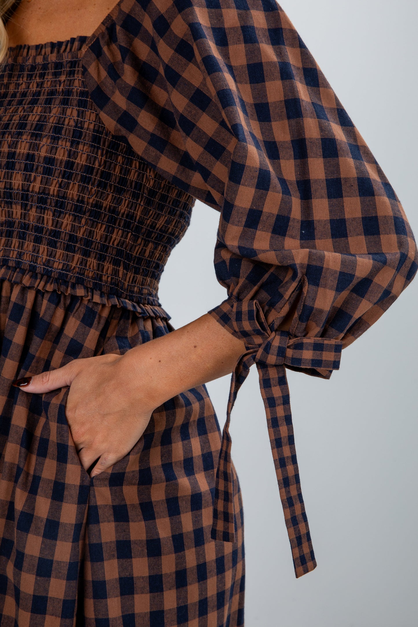 Show Me The Way Navy Gingham Smocked Midi Dress