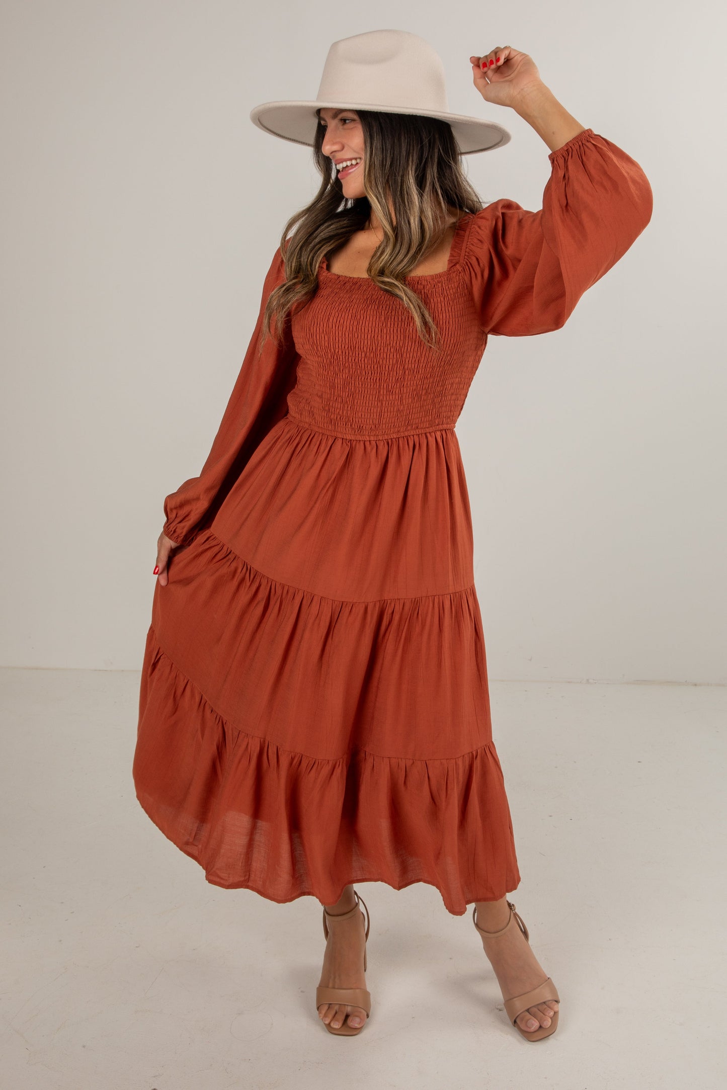 See Your Heart Rust Smocked Midi Dress