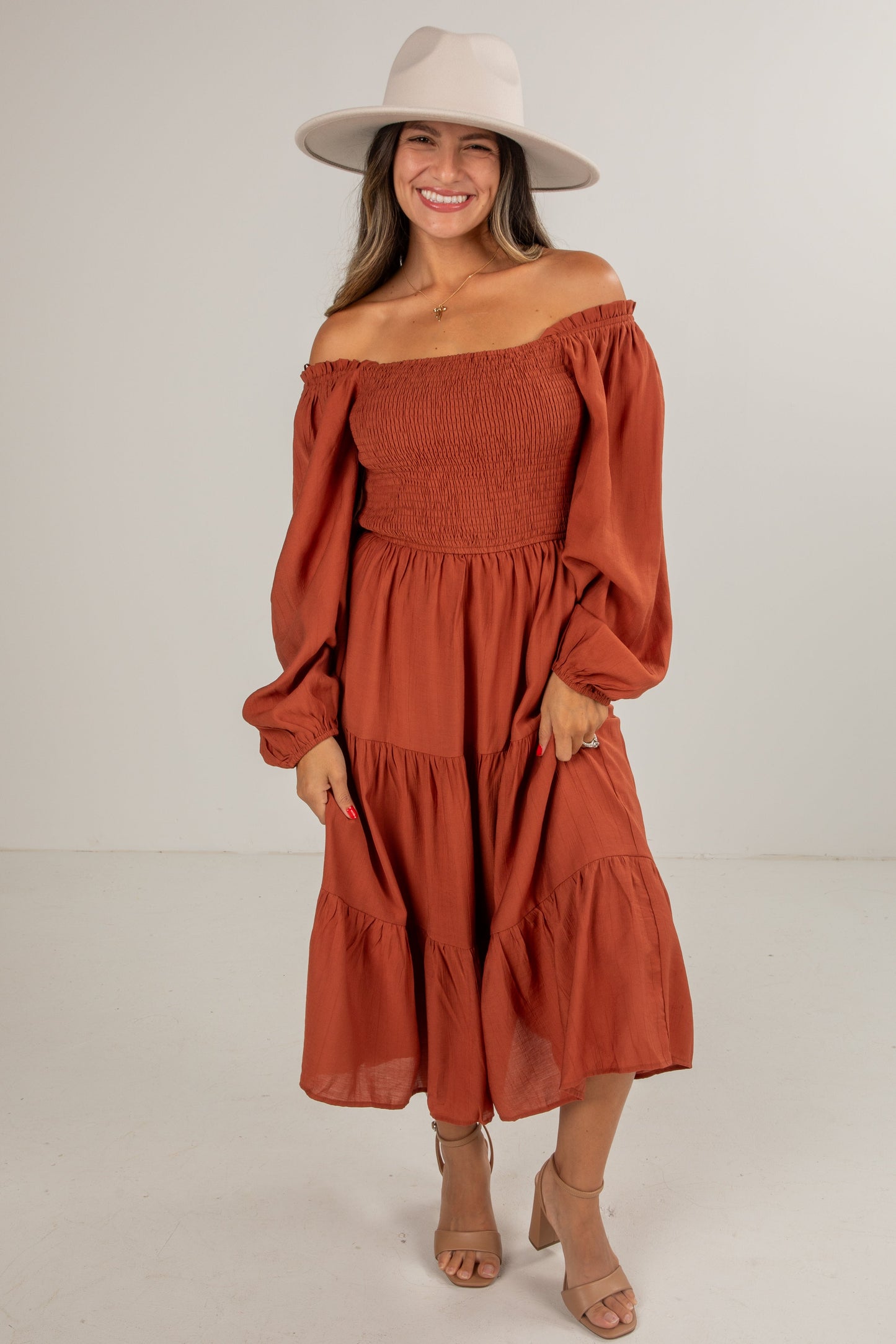 See Your Heart Rust Smocked Midi Dress