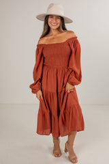 See Your Heart Rust Smocked Midi Dress
