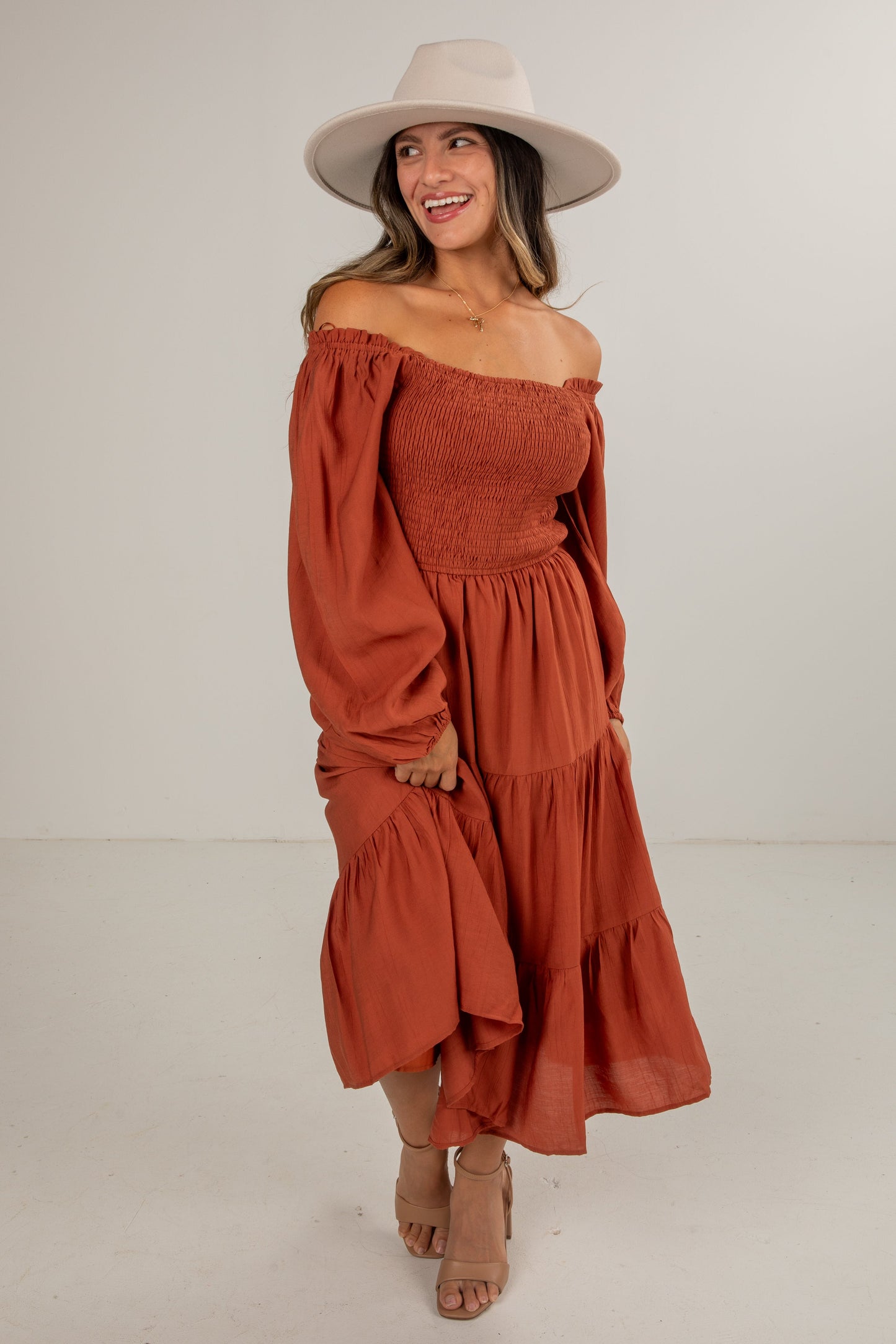 See Your Heart Rust Smocked Midi Dress