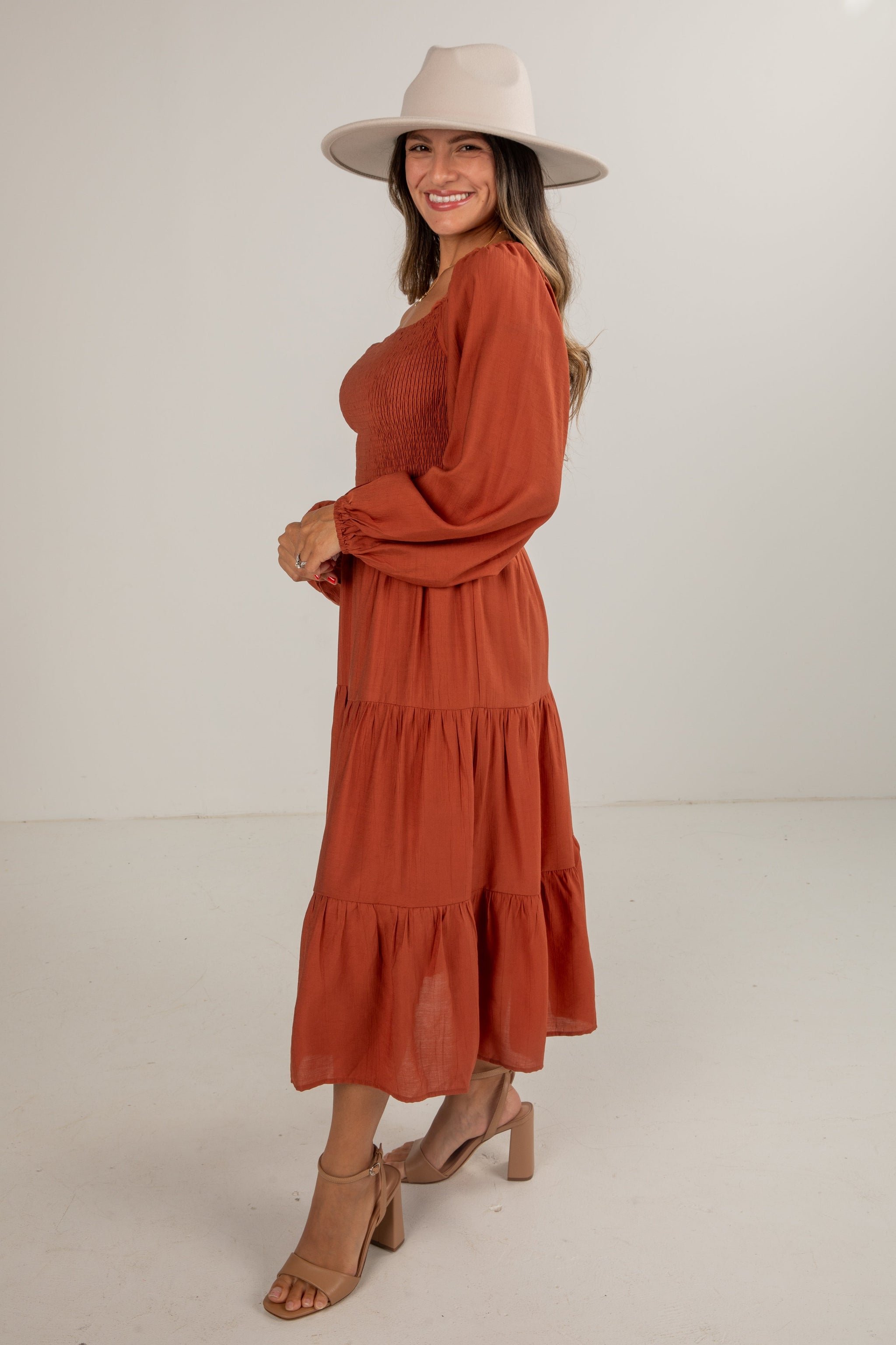 See Your Heart Rust Smocked Midi Dress