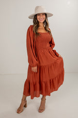 See Your Heart Rust Smocked Midi Dress