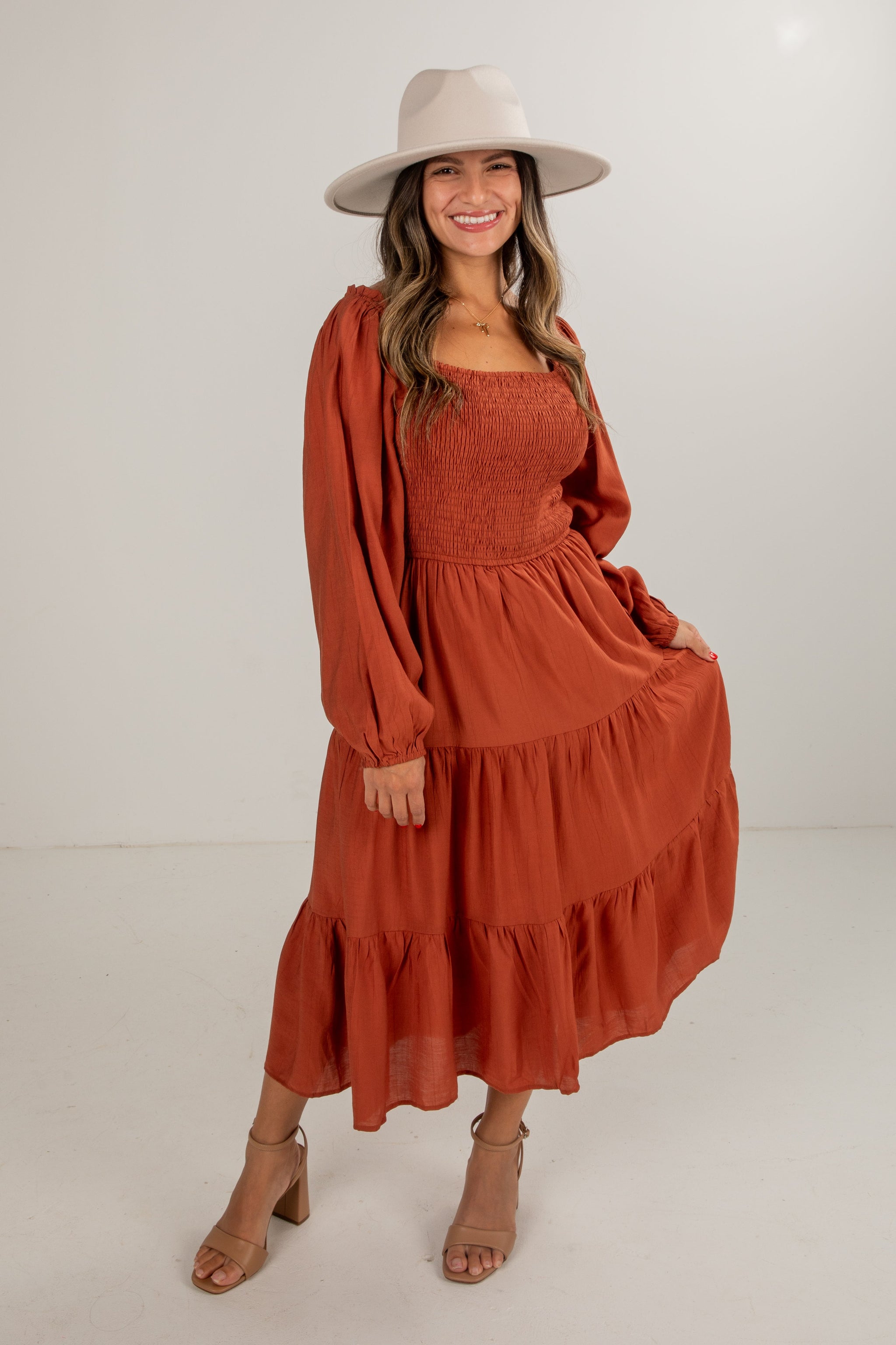 See Your Heart Rust Smocked Midi Dress