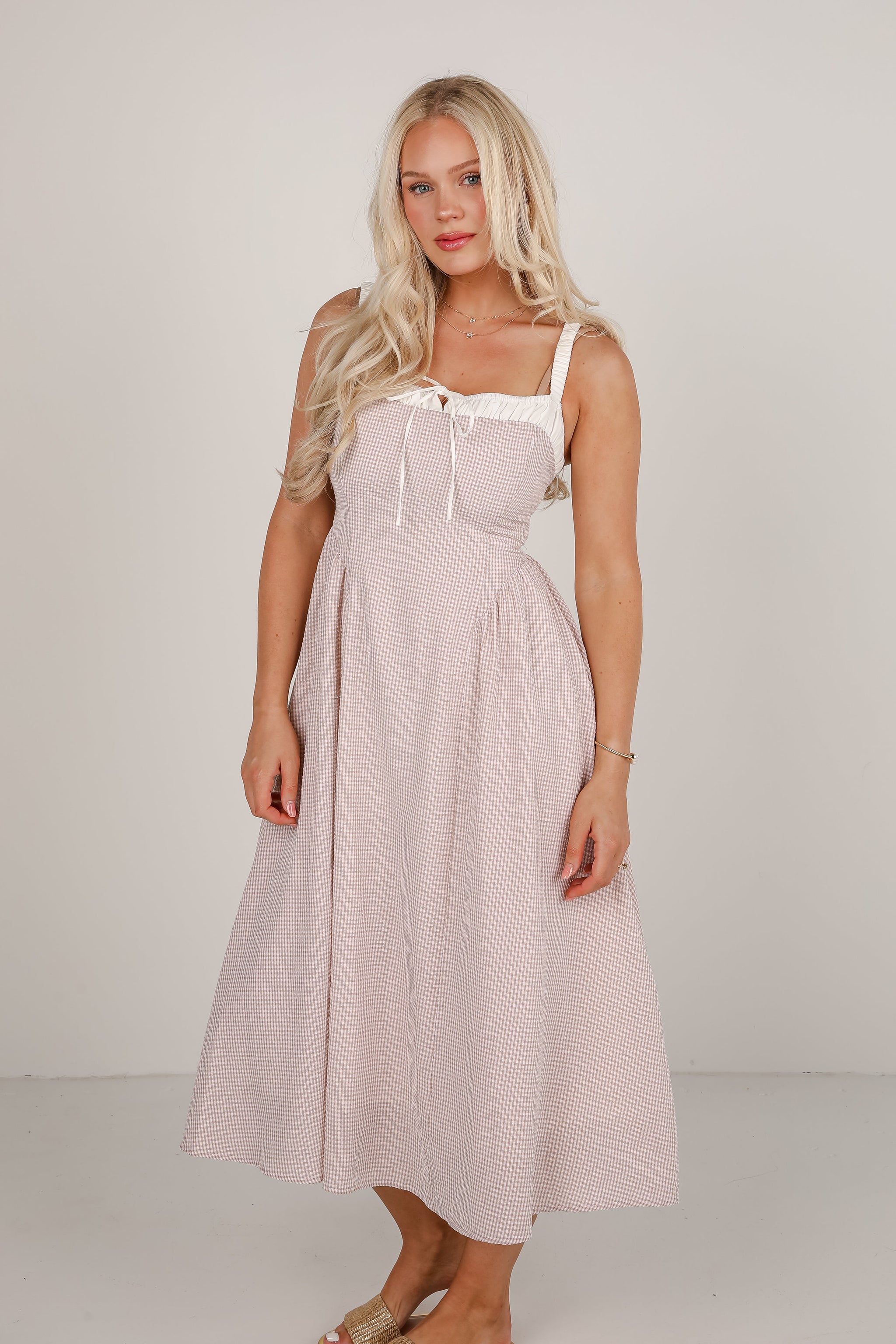 FINAL SALE - Sunny Day Classic Taupe Gingham Midi Dress