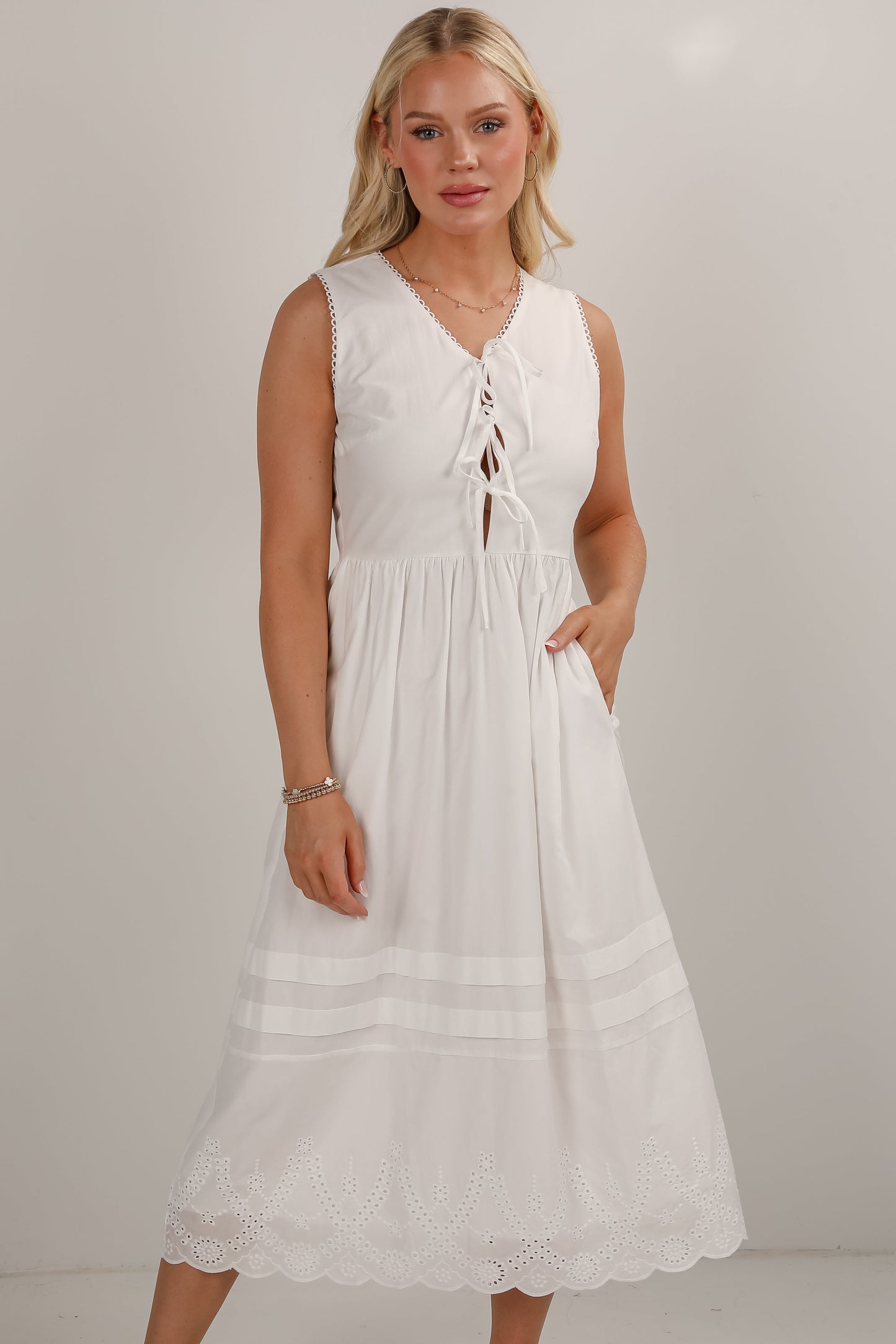 FINAL SALE - All I Could Want White Eyelet Bow Midi Dress